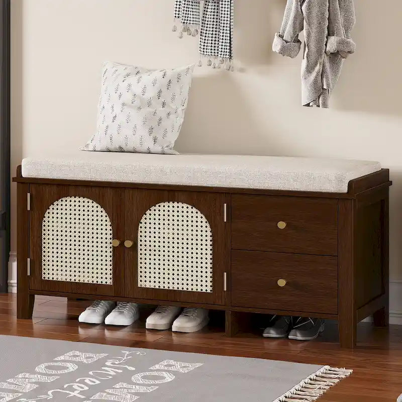 Storage Bench with Cushion, 2 Drawers and Rattan Doors