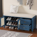 Storage Bench with Cushion, 2 Drawers and Rattan Doors