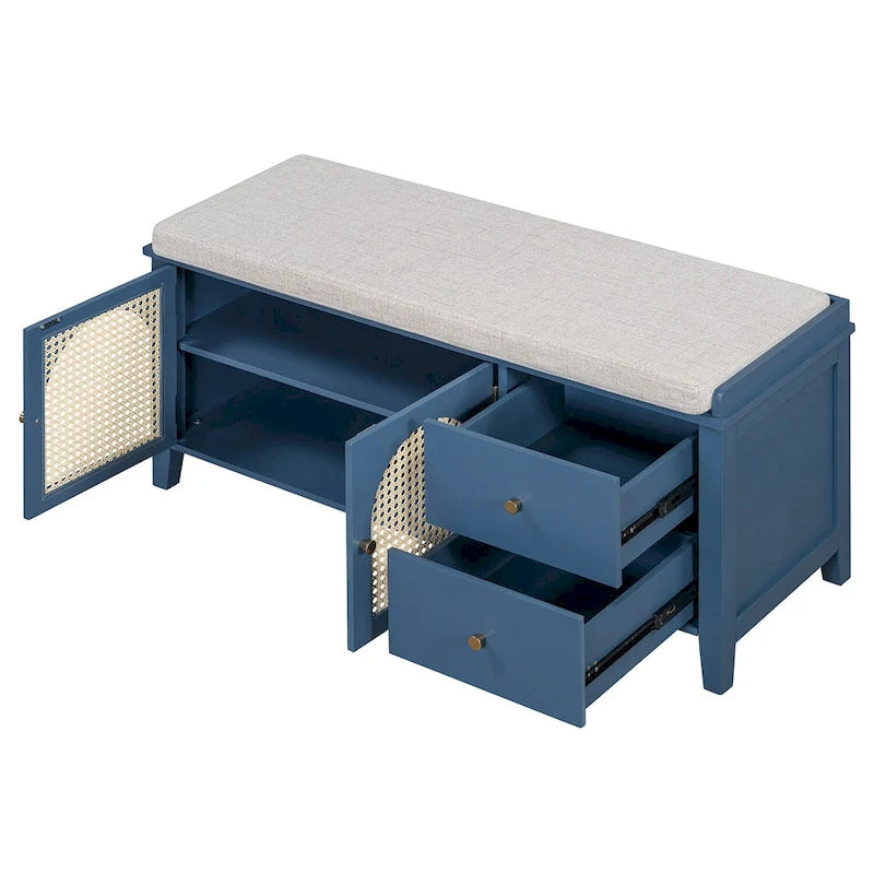 Storage Bench with Cushion,2 Drawers and Rattan Doors for Entryway