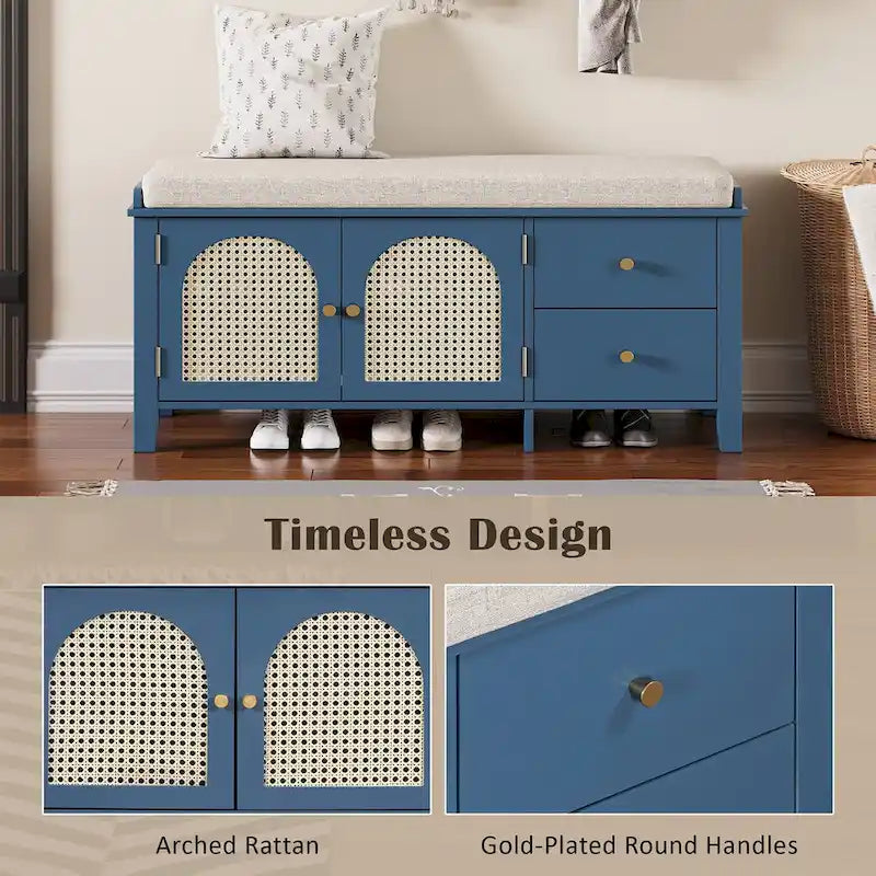 Storage Bench with Cushion,2 Drawers and Rattan Doors for Entryway