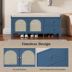 Storage Bench with Cushion, 2 Drawers and Rattan Doors