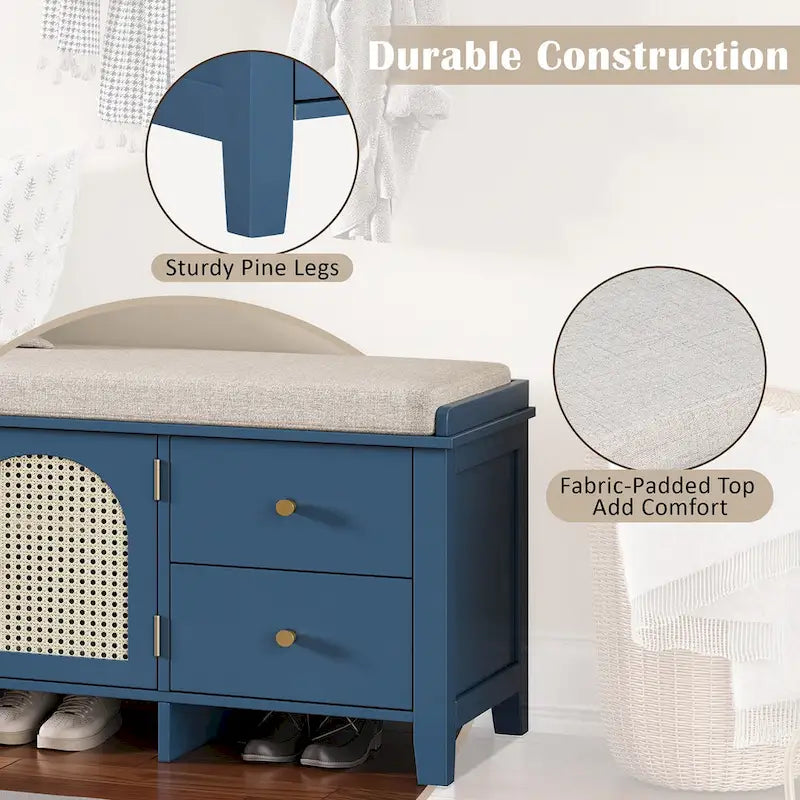 Storage Bench with Cushion,2 Drawers and Rattan Doors for Entryway