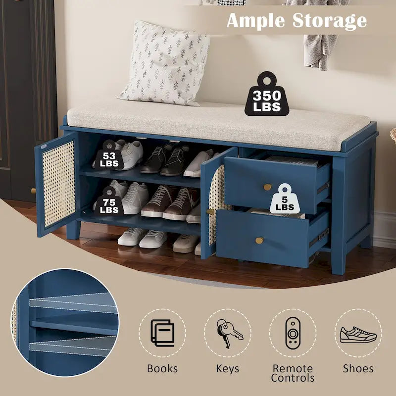 Storage Bench with Cushion,2 Drawers and Rattan Doors for Entryway