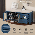 Storage Bench with Cushion, 2 Drawers and Rattan Doors