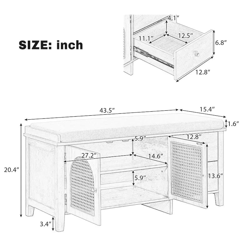 Storage Bench with Cushion,2 Drawers and Rattan Doors for Entryway