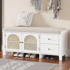 Storage Bench with Cushion, 2 Drawers and Rattan Doors
