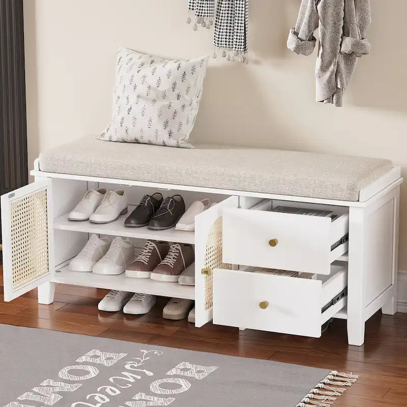 Storage Bench with Cushion,2 Drawers and Rattan Doors for Entryway