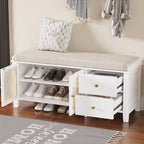 Storage Bench with Cushion, 2 Drawers and Rattan Doors