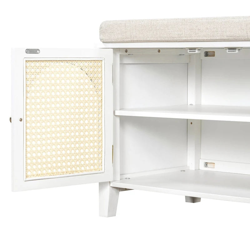 Storage Bench with Cushion,2 Drawers and Rattan Doors for Entryway