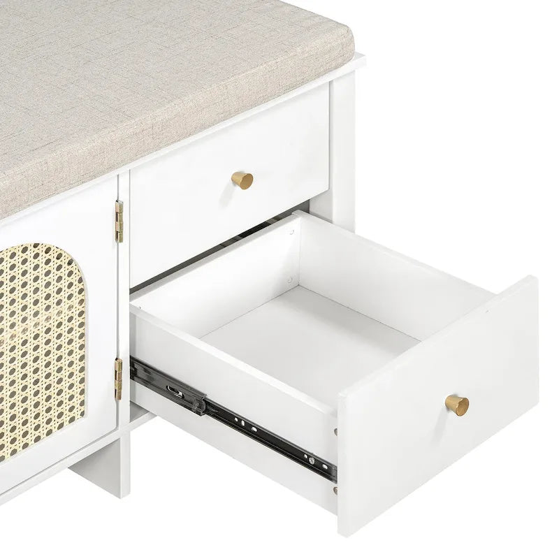 Storage Bench with Cushion,2 Drawers and Rattan Doors for Entryway