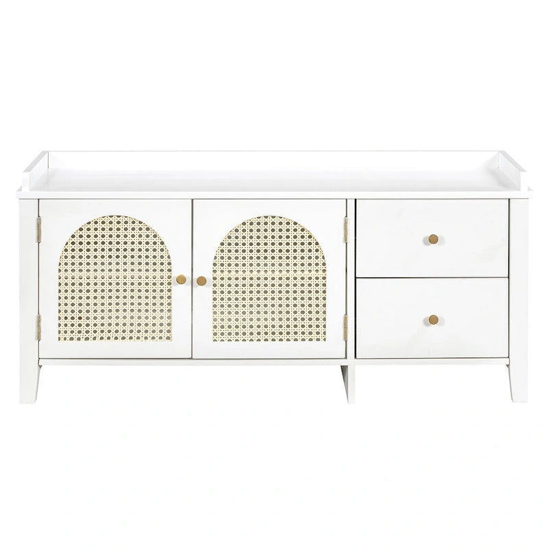 Storage Bench with Cushion,2 Drawers and Rattan Doors for Entryway