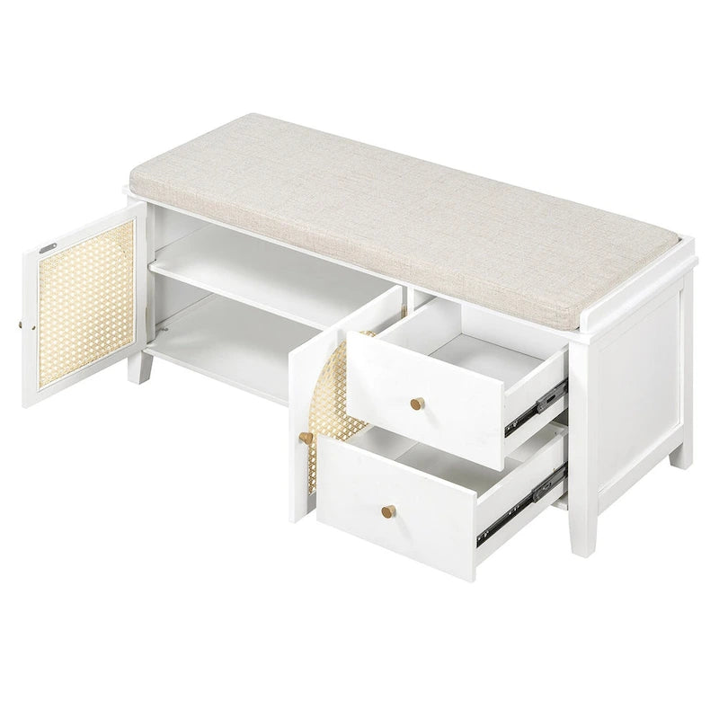 Storage Bench with Cushion,2 Drawers and Rattan Doors for Entryway