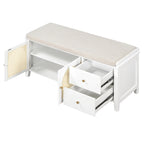 Storage Bench with Cushion, 2 Drawers and Rattan Doors