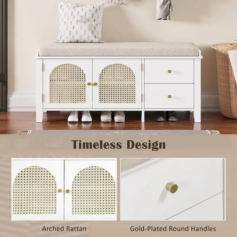 Storage Bench with Cushion,2 Drawers and Rattan Doors for Entryway