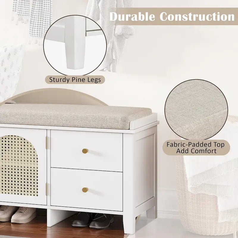 Storage Bench with Cushion,2 Drawers and Rattan Doors for Entryway