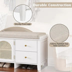 Storage Bench with Cushion, 2 Drawers and Rattan Doors