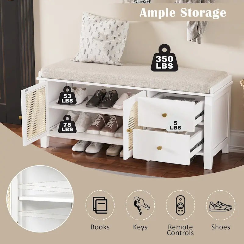 Storage Bench with Cushion,2 Drawers and Rattan Doors for Entryway
