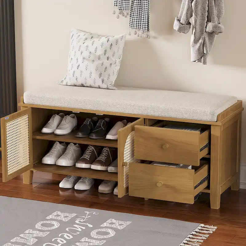 Storage Bench with Cushion,2 Drawers and Rattan Doors for Entryway