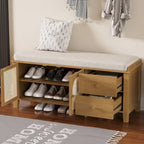 Storage Bench with Cushion, 2 Drawers and Rattan Doors