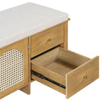 Storage Bench with Cushion, 2 Drawers and Rattan Doors