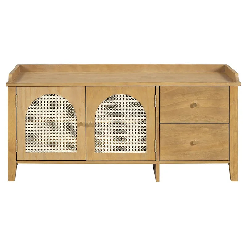 Storage Bench with Cushion,2 Drawers and Rattan Doors for Entryway