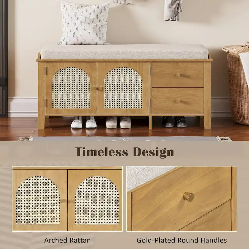 Storage Bench with Cushion,2 Drawers and Rattan Doors for Entryway
