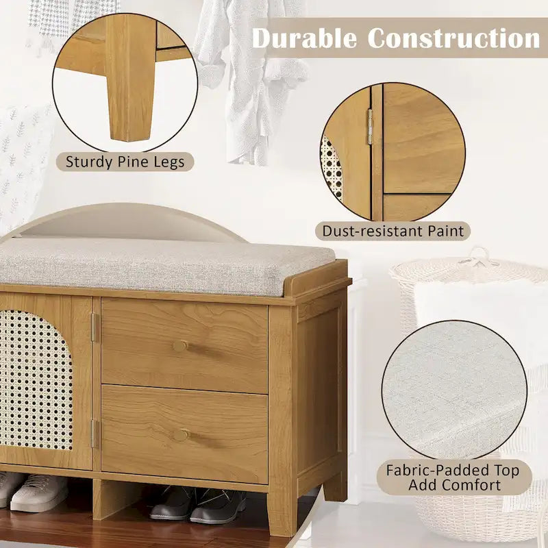 Storage Bench with Cushion,2 Drawers and Rattan Doors for Entryway