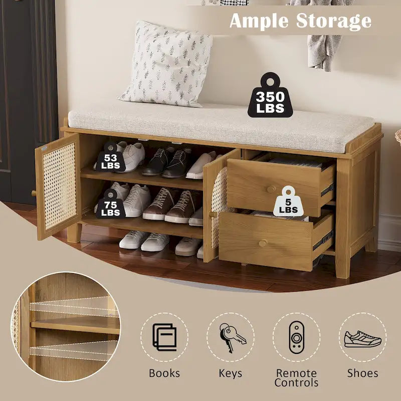 Storage Bench with Cushion,2 Drawers and Rattan Doors for Entryway