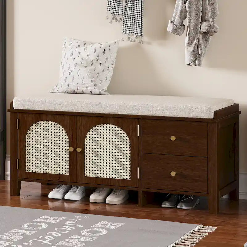 Storage Bench with Cushion,2 Drawers and Rattan Doors for Entryway