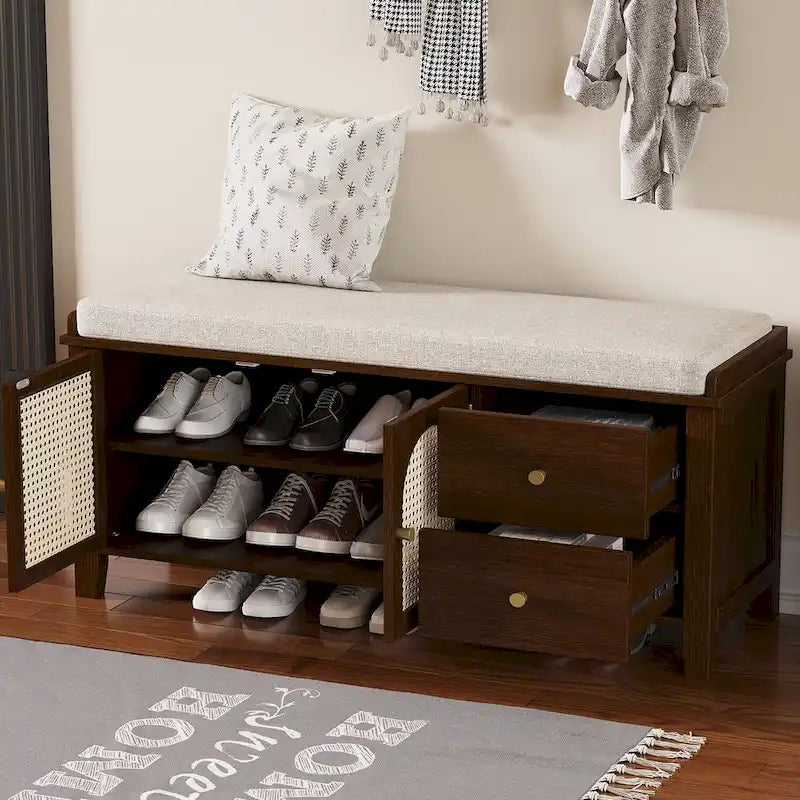 Storage Bench with Cushion,2 Drawers and Rattan Doors for Entryway