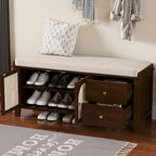 Storage Bench with Cushion, 2 Drawers and Rattan Doors