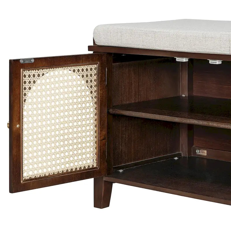 Storage Bench with Cushion,2 Drawers and Rattan Doors for Entryway