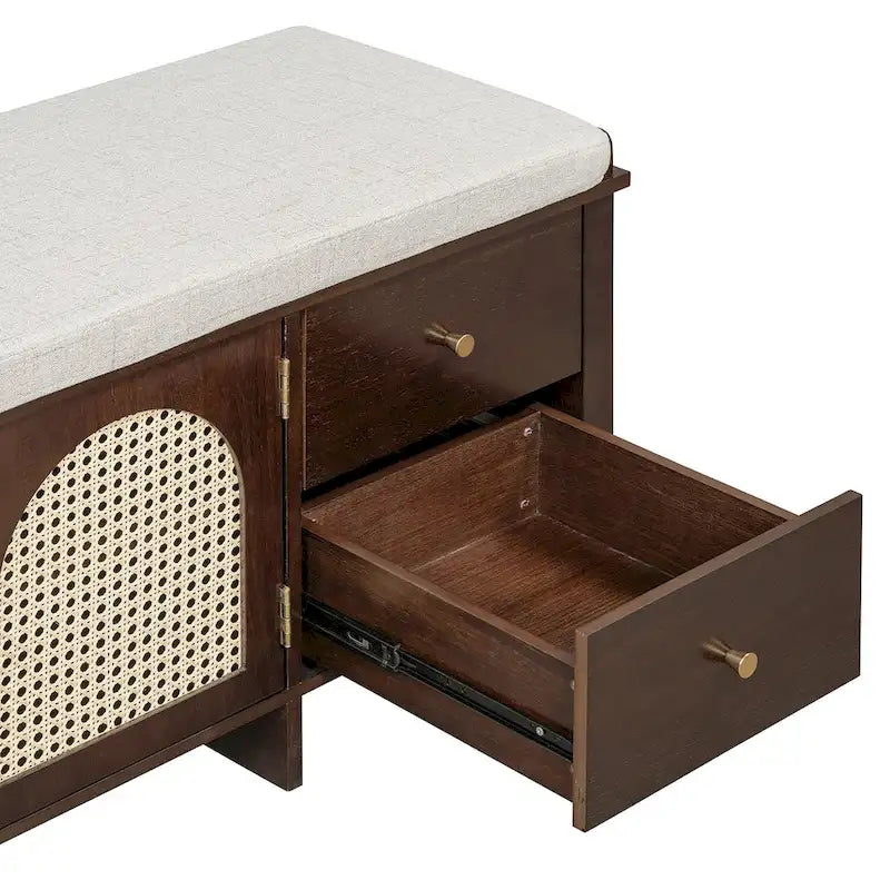Storage Bench with Cushion,2 Drawers and Rattan Doors for Entryway