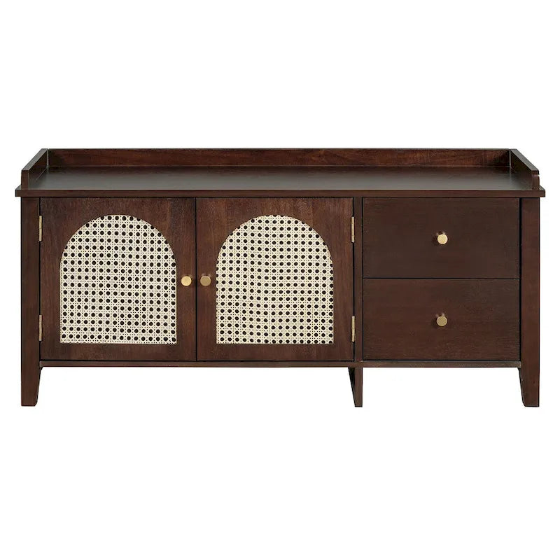 Storage Bench with Cushion,2 Drawers and Rattan Doors for Entryway