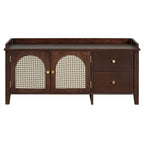 Storage Bench with Cushion, 2 Drawers and Rattan Doors
