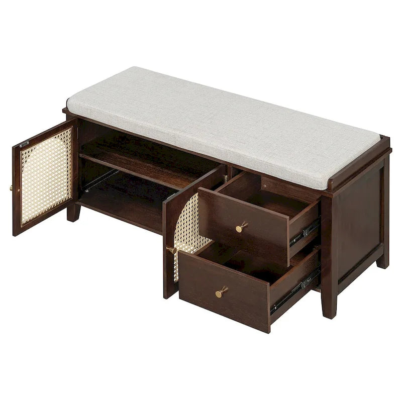 Storage Bench with Cushion,2 Drawers and Rattan Doors for Entryway