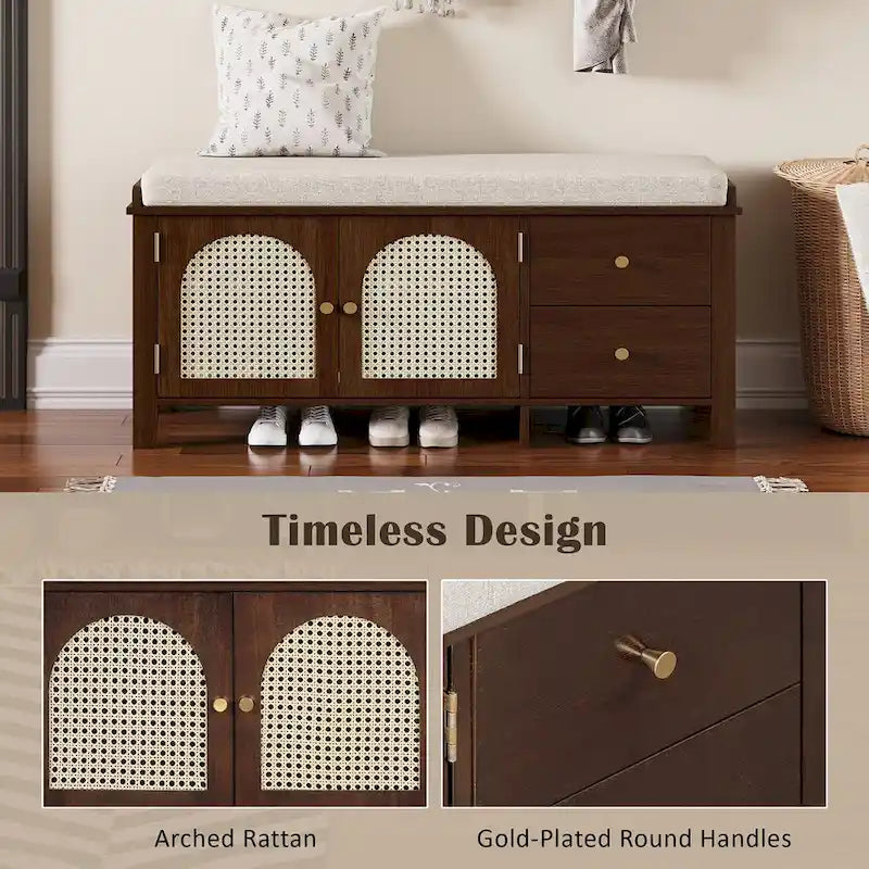 Storage Bench with Cushion,2 Drawers and Rattan Doors for Entryway