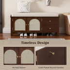 Storage Bench with Cushion, 2 Drawers and Rattan Doors