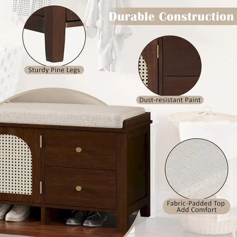 Storage Bench with Cushion,2 Drawers and Rattan Doors for Entryway