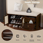 Storage Bench with Cushion, 2 Drawers and Rattan Doors
