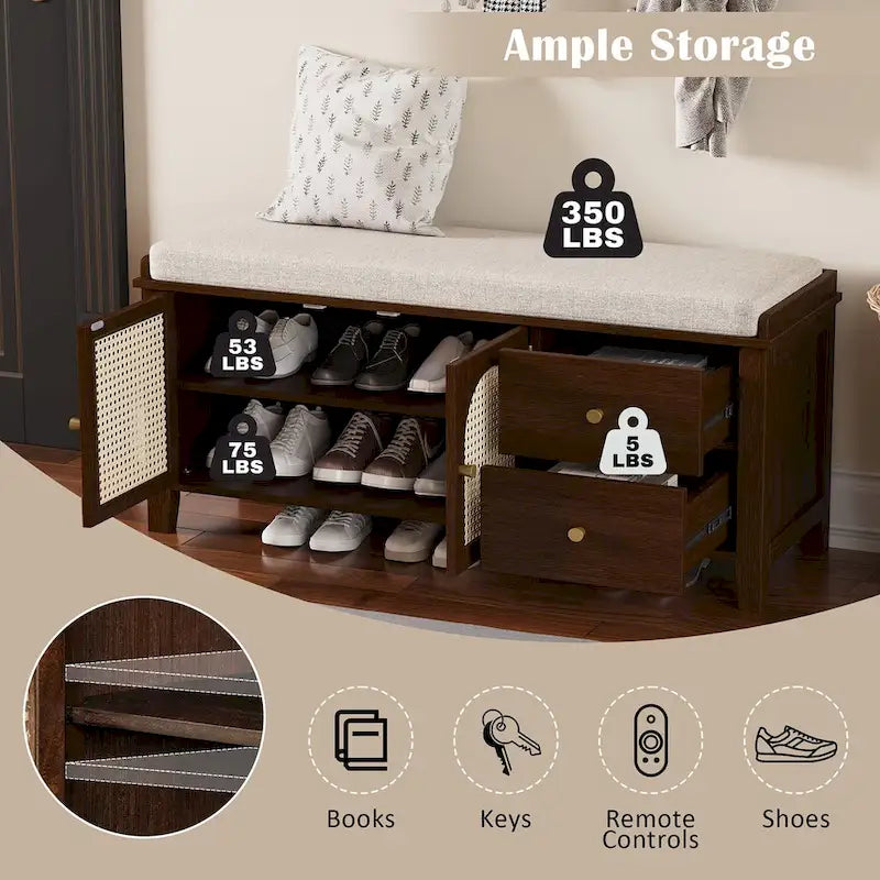 Storage Bench with Cushion,2 Drawers and Rattan Doors for Entryway