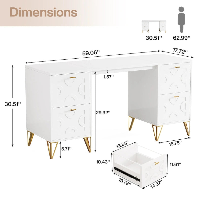White Computer Desk with File Drawers, 59 Modern Home Office Desk