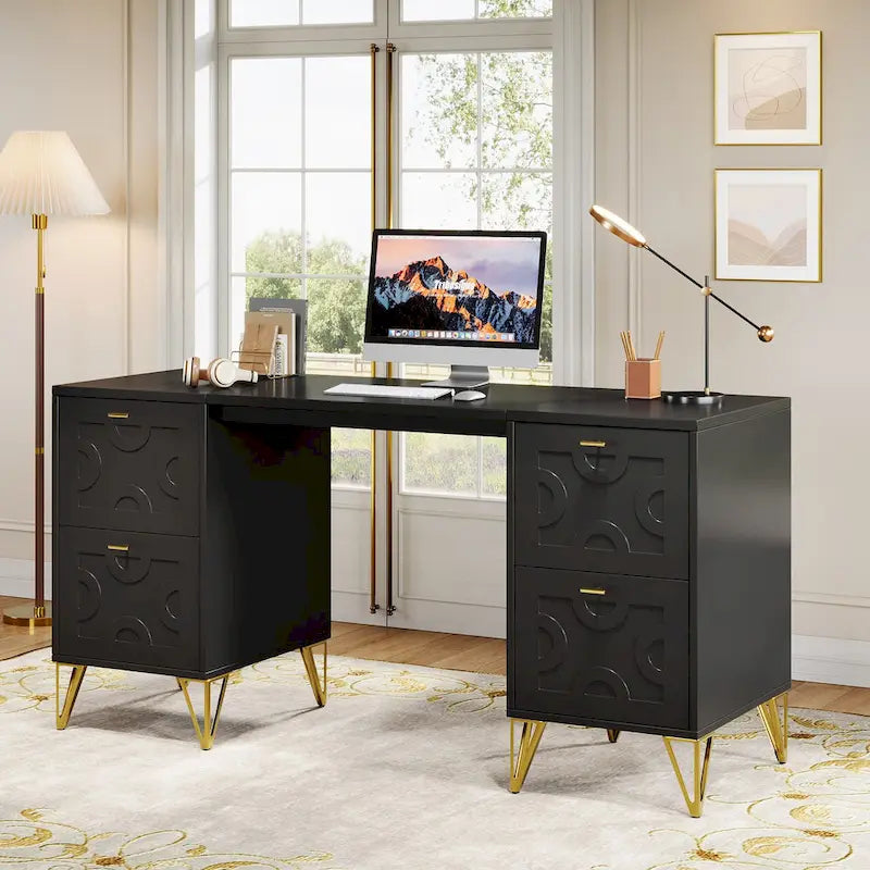 White Computer Desk with File Drawers, 59 Modern Home Office Desk