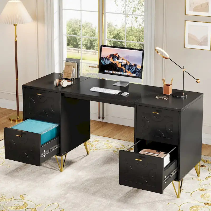 White Computer Desk with File Drawers, 59 Modern Home Office Desk