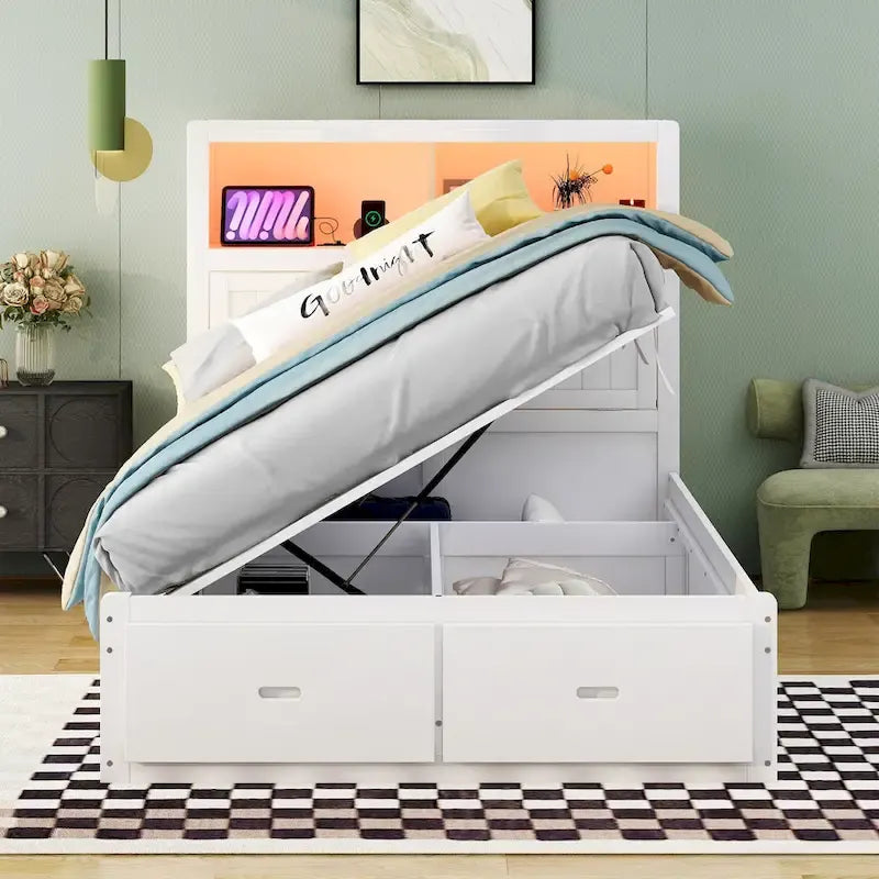 White Full Size Wooden Bed with LED Storage Headboard, Charging Station, and 2 Drawers
