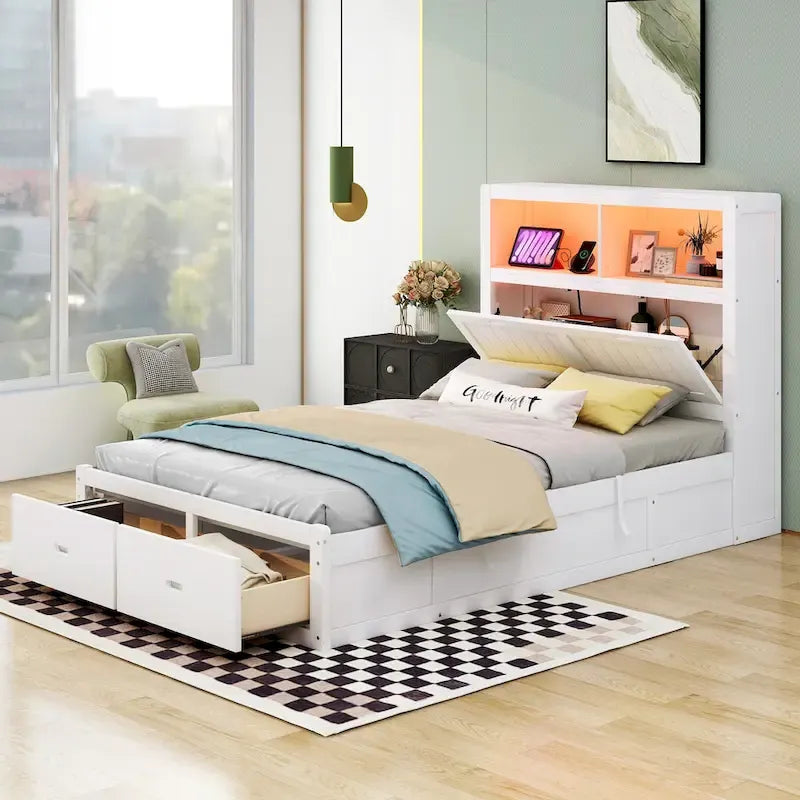 White Full Size Wooden Bed with LED Storage Headboard, Charging Station, and 2 Drawers