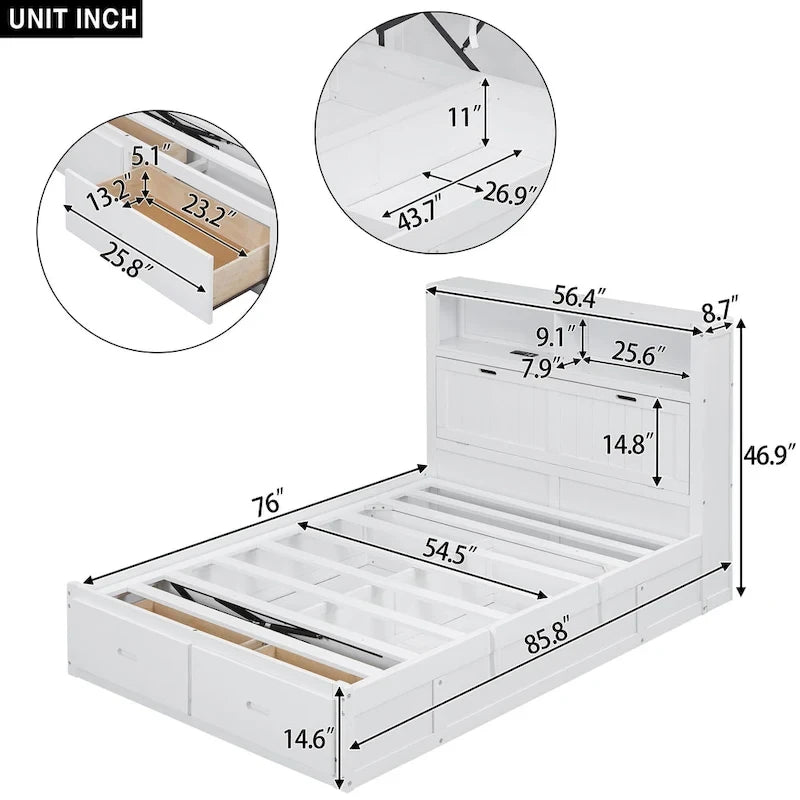 White Full Size Wooden Bed with LED Storage Headboard, Charging Station, and 2 Drawers