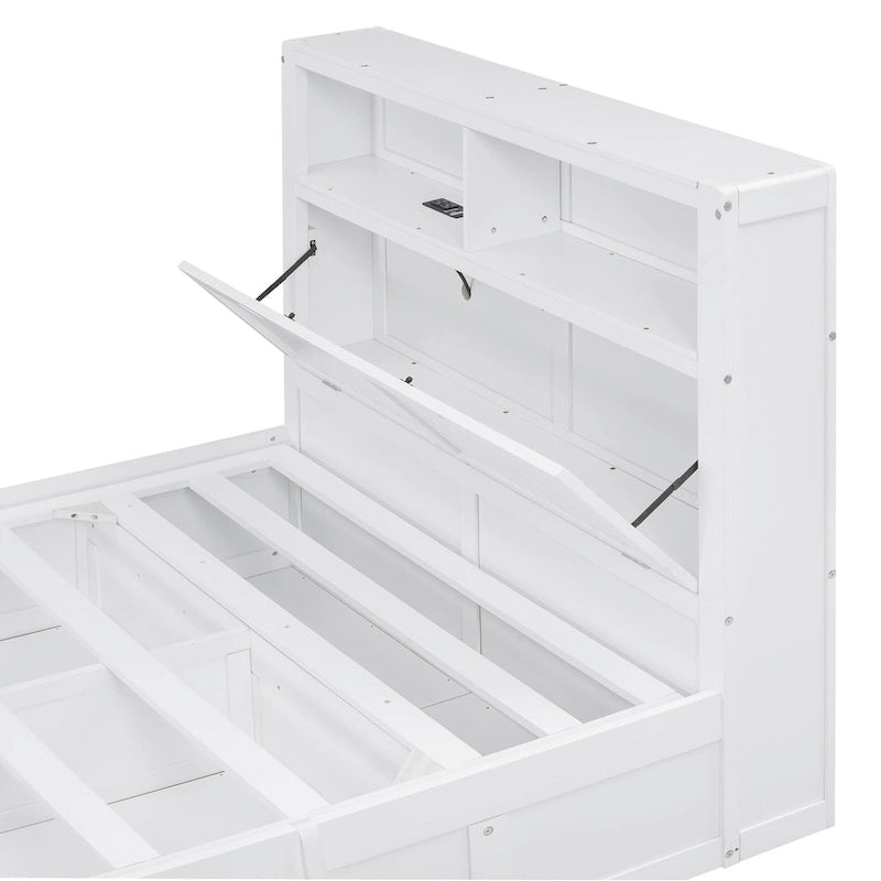 White Full Size Wooden Bed with LED Storage Headboard, Charging Station, and 2 Drawers