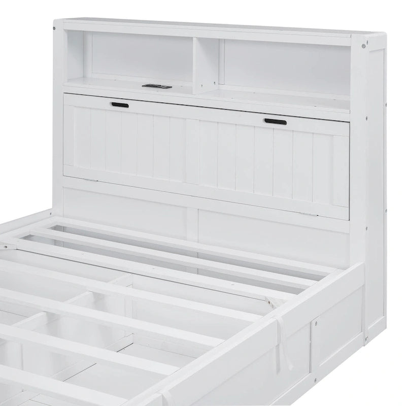 White Full Size Wooden Bed with LED Storage Headboard, Charging Station, and 2 Drawers