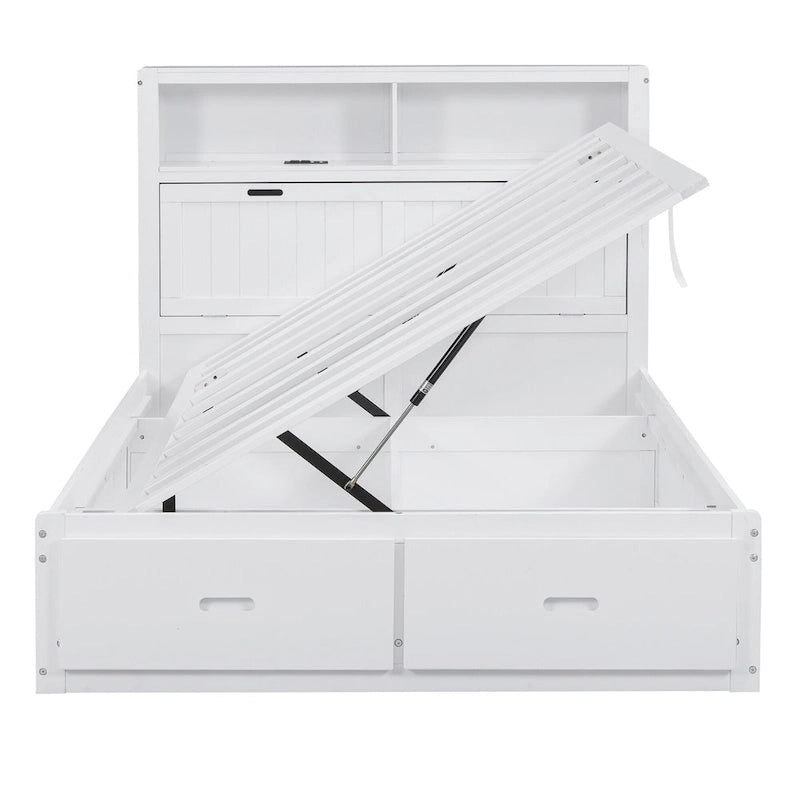 White Full Size Wooden Bed with LED Storage Headboard, Charging Station, and 2 Drawers